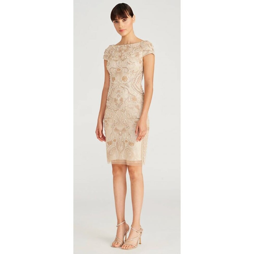 Theia Silvia Bateau Beaded Midi Dress Tan Metallic Sample Size 0 $845 [Jb]